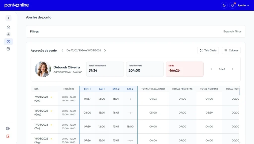 dashboard do aplicativo de ponto Ponto Online com controle de jornada e relatórios