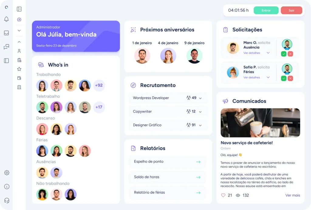 plataforma Sesame HR com controle de ponto integrado à gestão de RH