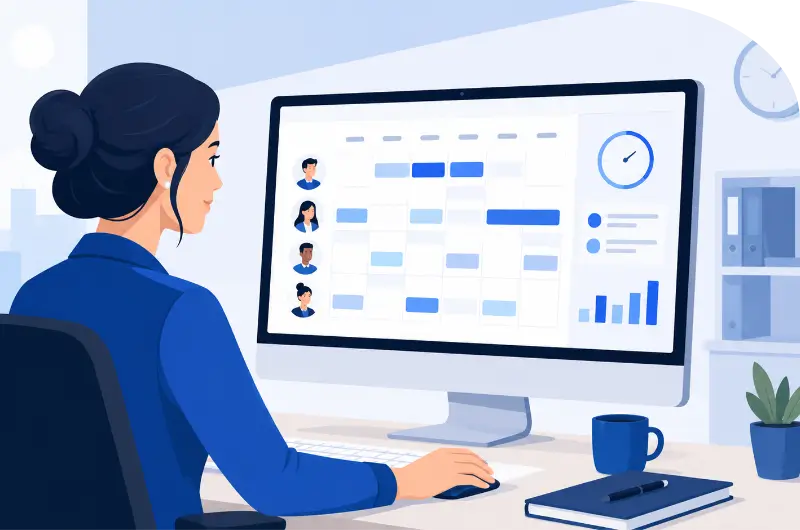 Profissional de RH analisando escalas e jornadas de trabalho no computador