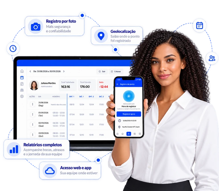 Sistema de ponto online completo com gestão de jornada no computador e aplicativo mobile para empresas