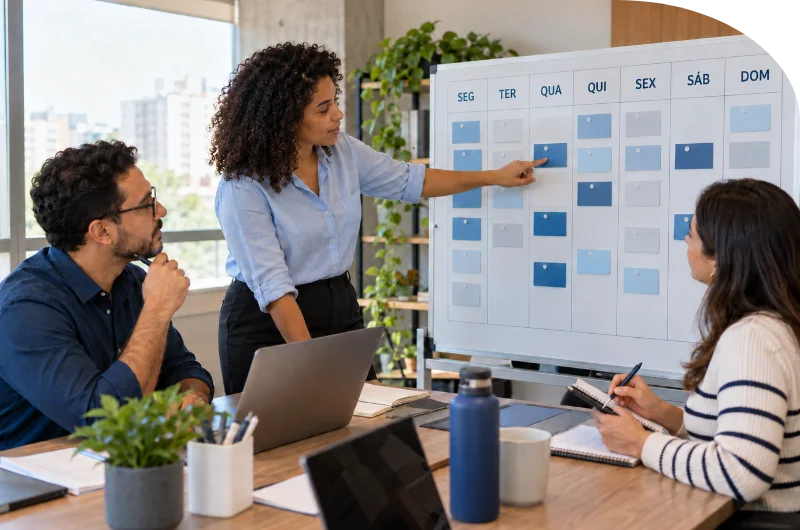Equipe reunida diante de um quadro semanal para planejar escalas de trabalho.